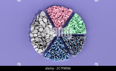 medical pills in the form of sections of a pie chart Dietary supplement concept 3d render on color background Stock Photo