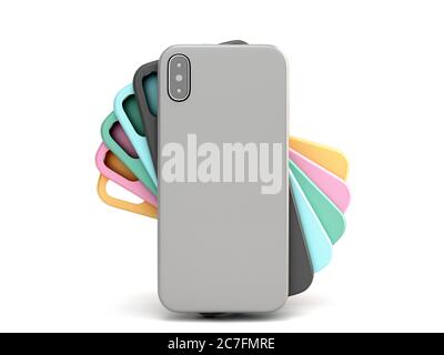 multicolored phone cases presentation for showcase 3d render on white Stock Photo