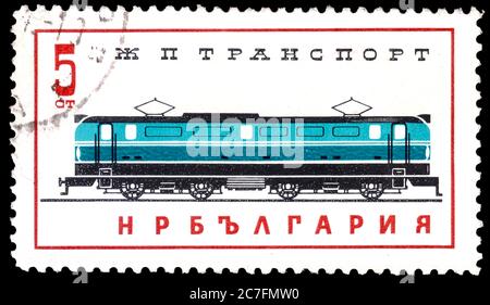 Bulgaria - CIRCA 1964: Postage stamps issued in Bulgaria dedicated to railway transport showing steam and electric locomotives from old to modern, cir Stock Photo