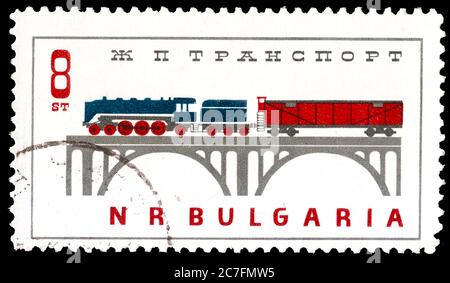 Bulgaria - CIRCA 1964: Postage stamps issued in Bulgaria dedicated to railway transport showing steam and electric locomotives from old to modern, cir Stock Photo