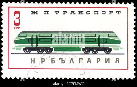 Bulgaria - CIRCA 1964: Postage stamps issued in Bulgaria dedicated to railway transport showing steam and electric locomotives from old to modern, cir Stock Photo