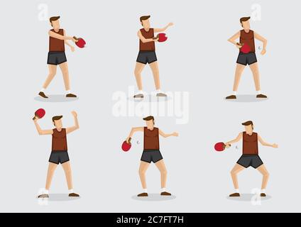 Set of six vector cartoon character of a table tennis sportsman in action with ping pong ball and bat isolated on plain background. Stock Vector
