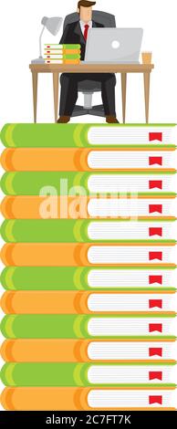 Businessman in suit working in his workspace on top of slack of books. Concept of getting a successful corporate job through education. Vector illustr Stock Vector