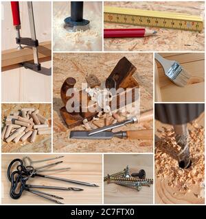 Carpenter's utensils in a collage Stock Photo