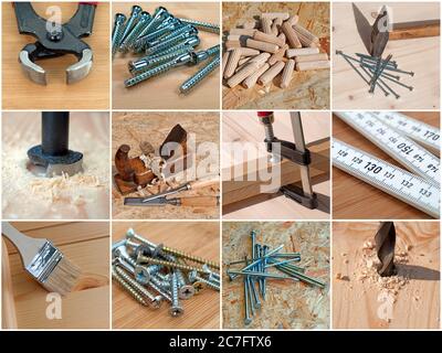 Carpenter's utensils in a collage Stock Photo