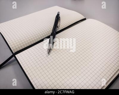 Black pen on a square ruled notebook against a white background Stock Photo