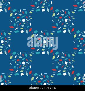 Vector terrazzo style squares geometric seamless vector pattern background. Abstract irregular fine mosaic shard rectangles checkered blue white, red Stock Vector