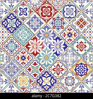 Seamless colorful patchwork in turkish style. Hand drawn background. Azulejos tiles patchwork. Portuguese, Spain decor. Arabic, Indian, ottoman motif.