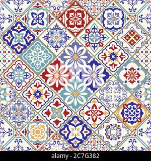 Seamless colorful patchwork in turkish style. Hand drawn background. Azulejos tiles patchwork. Portuguese, Spain decor. Arabic, Indian, ottoman motif. Stock Vector