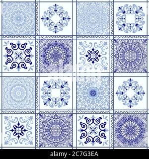 Seamless patchwork tile with Victorian motives. Majolica pottery tile, blue and white azulejo, original traditional Portuguese and Spain decor. Vector Stock Vector