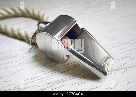 Whistle of soccer or football referee or trainer, close up shot,soccer sport symbol mock up Stock Photo