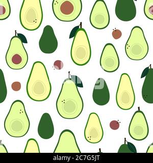 Avocado whole and half. Avocado pit. Endless texture in green colors isolated on white. Positive fruit summer print. Vector seamless pattern in flat Stock Vector