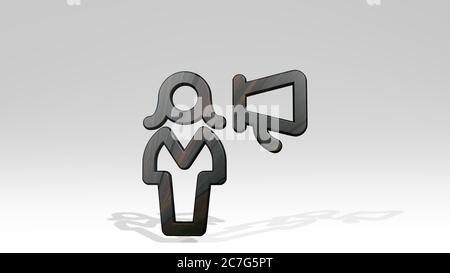 single woman megaphone made by 3D illustration of a shiny metallic sculpture casting shadow on light background. icon and isolated Stock Photo