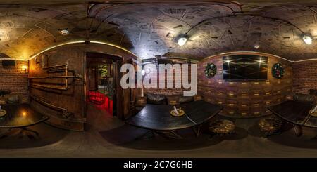 360 degree panoramic view of MINSK, BELARUS - MAY, 2018: full seamless hdri panorama 360 degrees angle view in interior of elite vip bar in steampunk style in equirectangular proj