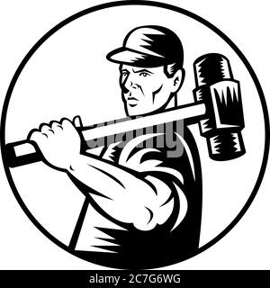 Retro black and white style illustration of a demolition worker with sledge hammer on shoulder viewed from side set inside circle on isolated white ba Stock Vector