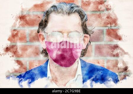 portrait of man with fogged glasses wearing face mask in watercolors Stock Photo