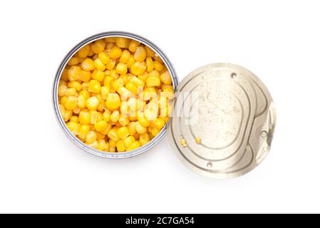 Sweet canned corn in open iron can, isolated on white background, top view Stock Photo