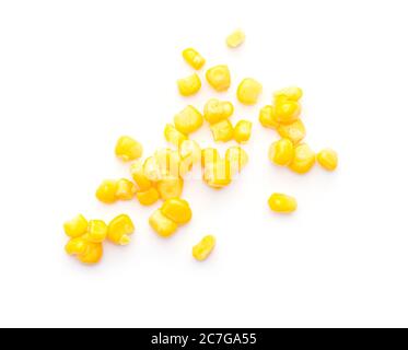 Some sweet grains seeds of canned corn isolated on white background, top view Stock Photo