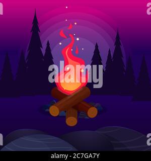 Bonfire with sparks in the night forest Stock Vector