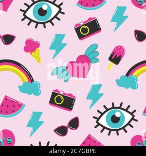 Seamless background with stickers 80's. Set in the style of comics. Vector illustration on a pink background Stock Vector