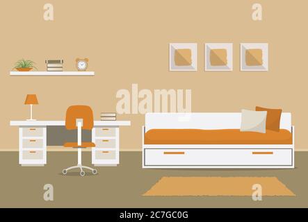 Children's room in orange color. There is a bed with pillows, a desk, a chair, a shelf with clock and flower, and other objects in the picture. Vector Stock Vector