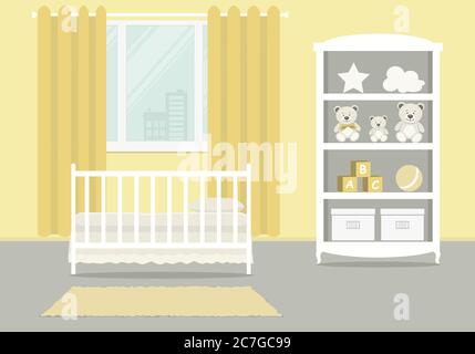 Yellow kid's room for a newborn baby. Bedroom interior for a small child. There is a cot, a wardrobe with toys and other things on a window backround Stock Vector