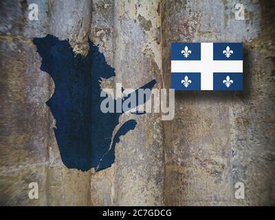 Map and flag of Quebec, province of Canada, on wooden background, 3D illustration