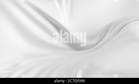 Wavy abstract white silk fabric background. White cloth background with smooth lines. Satin silk close-up with folds and ripples. 3d rendering. Stock Photo