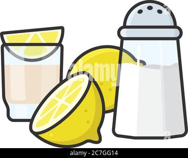 Tequila in shot glass, lemons and salt shaker isolated vector illustration for Tequila Day on July 24th. Drinking ritual symbol. Stock Vector