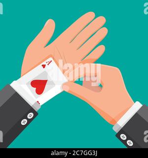 Businessman hides aces playing cards in his sleeve. Ace in the pocket. Concept of backup or plan B, second chance. Cheating at play, luck or business success. Flat vector illustration Stock Vector