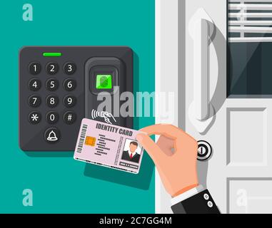 Password and fingerprint security device at office or home door. Hand with id card. Access control machine or time the attendance. Proximity card reader. Vector illustration in flat style Stock Vector
