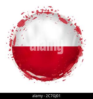 Round grunge flag of Poland with splashes in flag color. Vector illustration. Stock Vector