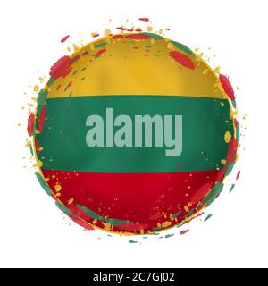 Round grunge flag of Lithuania with splashes in flag color. Vector illustration. Stock Vector
