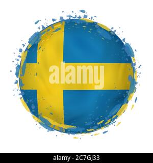 Round grunge flag of Sweden with splashes in flag color. Vector illustration. Stock Vector