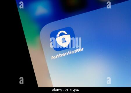 Ostersund, Sweden - July 17, 2020: Microsoft Authenticator app icon on a smartphone.. The Microsoft Authenticator app helps you prove your identity wi Stock Photo