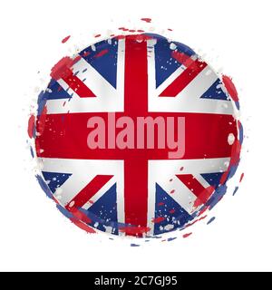 Round grunge flag of United Kingdom with splashes in flag color. Vector illustration. Stock Vector