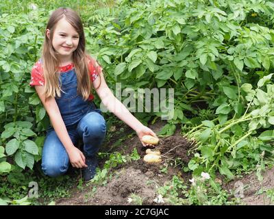 A pretty young girl with long hair works in a small vegetable garden. Stock Photo