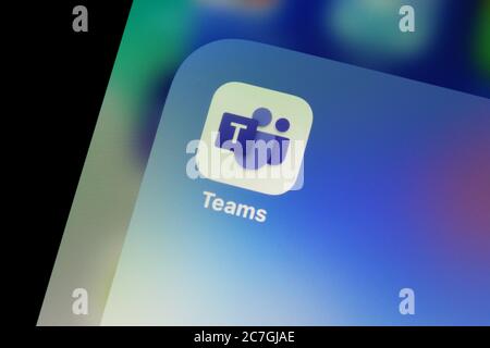 Ostersund, Sweden - July 17, 2020: Microsoft Teams app icon on a smartphone.. Teams is a unified team communication and collaboration platform with wo Stock Photo