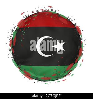 Round grunge flag of Libya with splashes in flag color. Vector illustration. Stock Vector