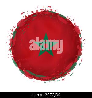 Round grunge flag of Morocco with splashes in flag color. Vector illustration. Stock Vector