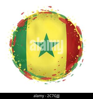 Round grunge flag of Senegal with splashes in flag color. Vector illustration. Stock Vector