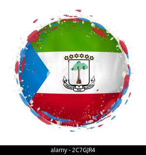 Round grunge flag of Equatorial Guinea with splashes in flag color. Vector illustration. Stock Vector