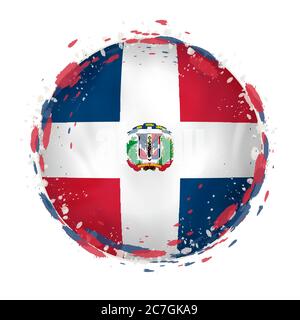 Round grunge flag of Dominican Republic with splashes in flag color. Vector illustration. Stock Vector