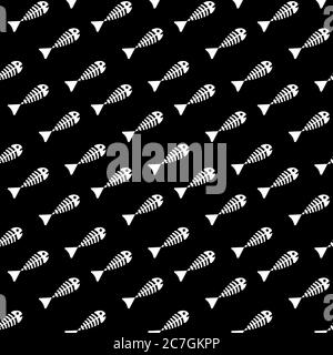 Fish bones seamless pattern on black background. Flat vector illustration. Stock Vector