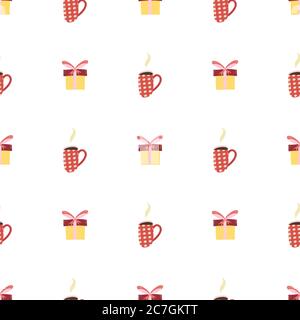 Vintage seamless pattern for decorative design with cup and gift box. Winter christmas holiday backdrop. Merry christmas background. Stock Vector