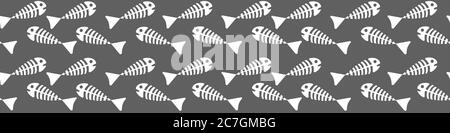 Fish bones seamless banner on grey background. Flat vector illustration. Stock Vector