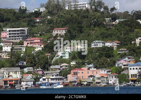 St George's Grenada Carenage Harbour Fishing Boats and Buildings Stock Photo