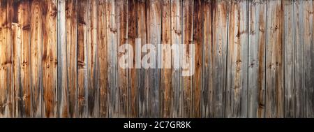 Panoramic detail of an old, weathered, gray brown wooden wall Stock Photo