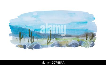 Simple watercolor backdrop with cactus desert, stones and mountains . Original abstract south american landscape, isolated on white background Stock Photo