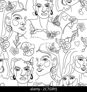 Seamless Pattern of Womans Face Minimal Line Style ol-line drawing. Abstract Contemporary collage in a modern trendy style. Vector female Portrait Stock Vector